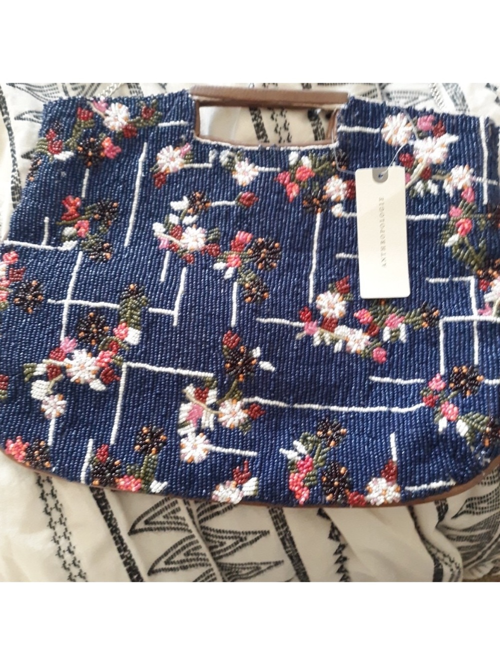 Anthropologie Floral Beaded Tote with Wooden Handle